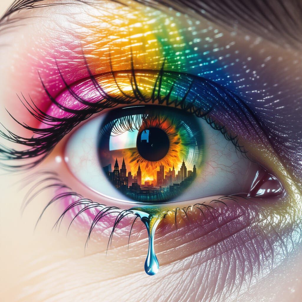 Multicolor Eye Reflecting Dragon Burning City: Fantasy Art