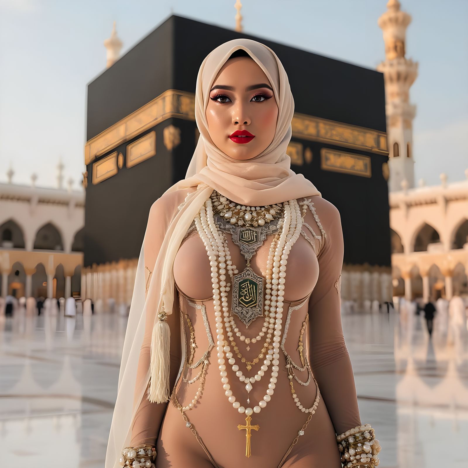 Asian Woman in Hijab with Pearl Jewelry