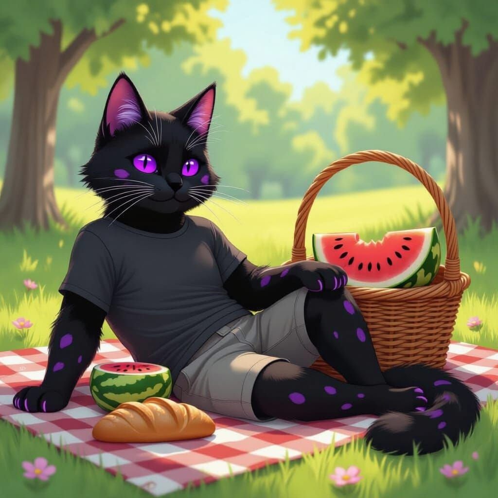Anthropomorphic Cat Furry with Purple Spots Relaxing in Park