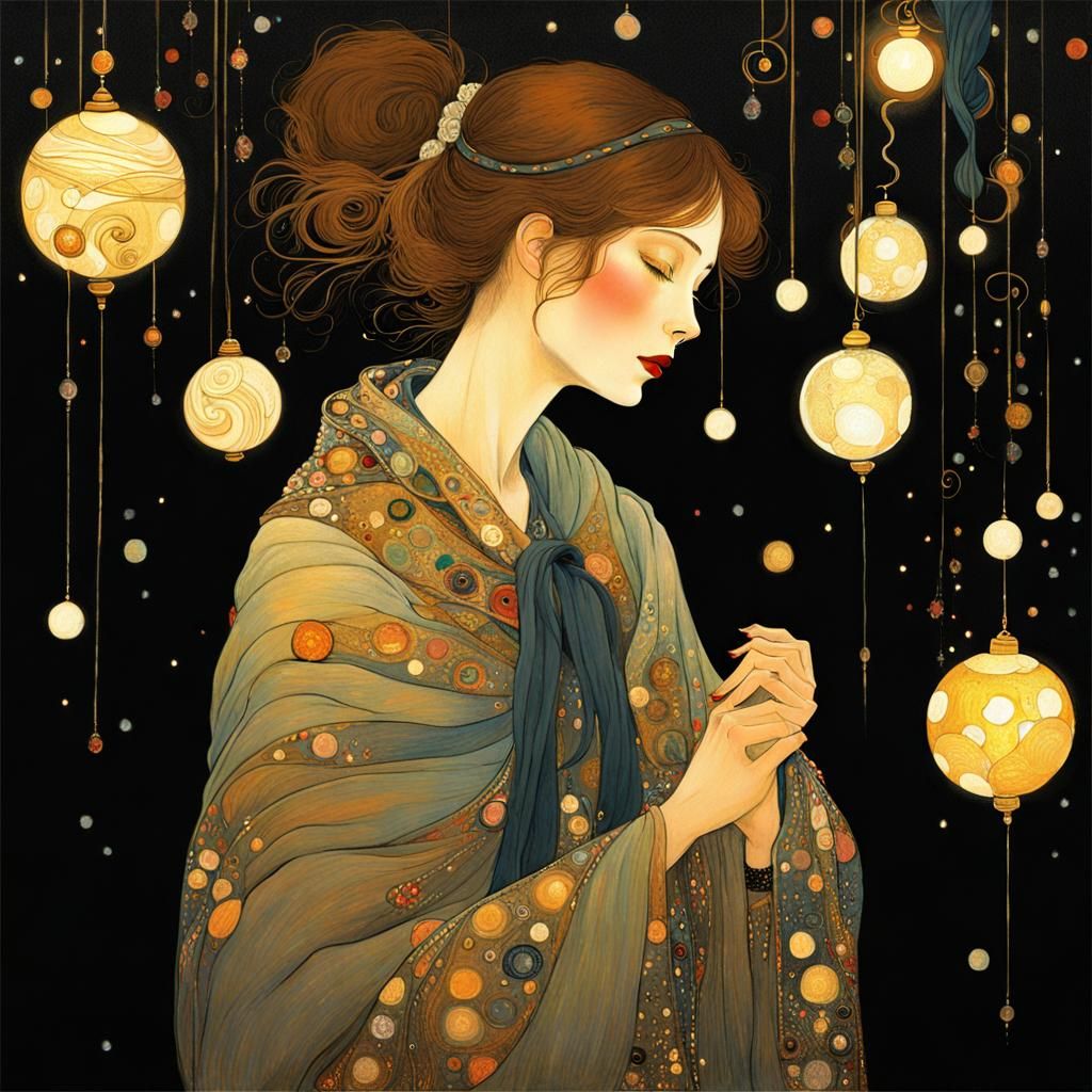 Girl with Luminous Orb in Klimt Style