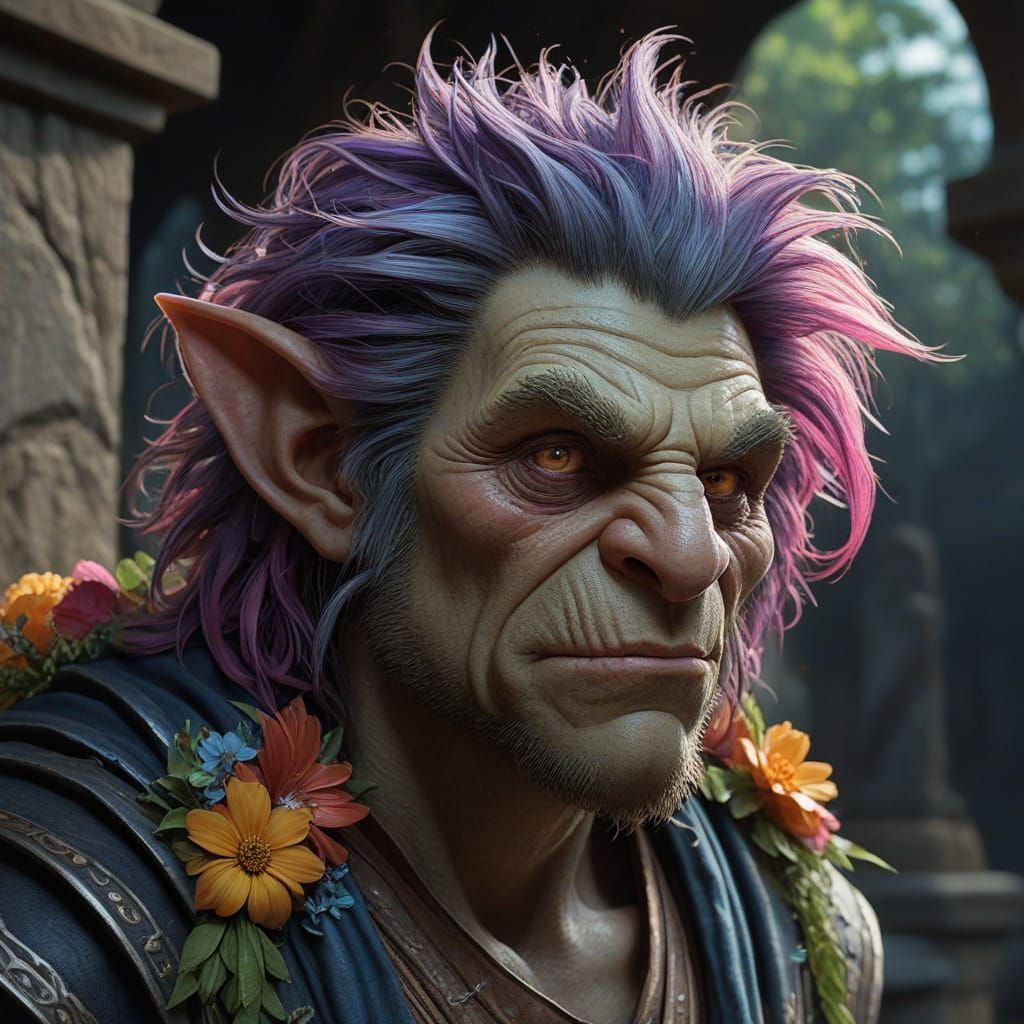 Rainbow Troll Prancing Under Stone Bridge, Hyperrealistic Ar...