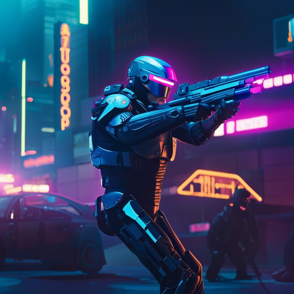 RoboCop Gunfight in Cyberpunk Cityscape