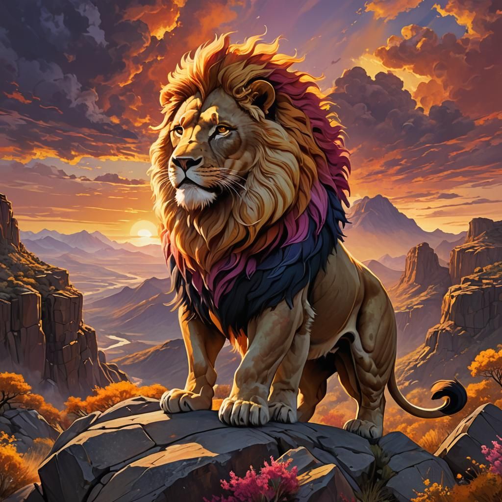 Majestic Lion Mascot Against Fiery Sunrise Sky
