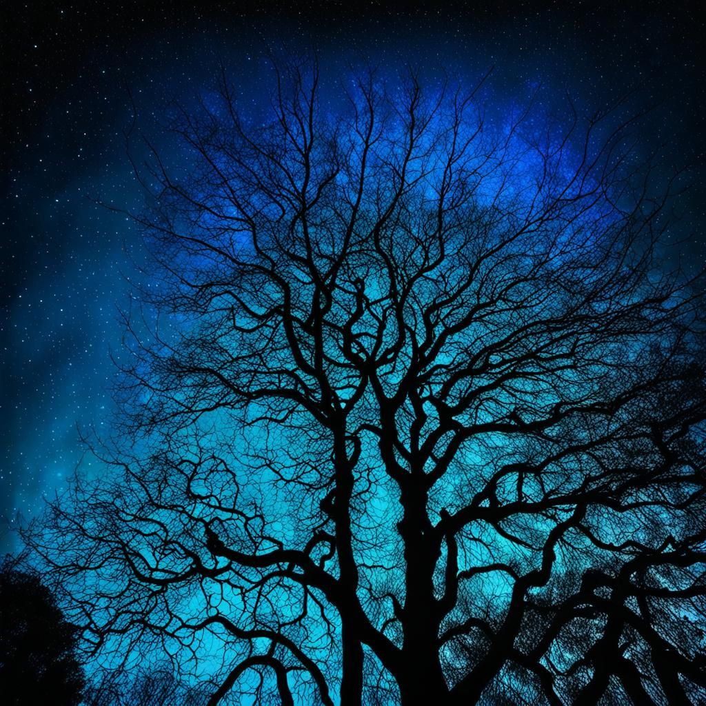 Surreal Nocturnal Trees Connected to Sky