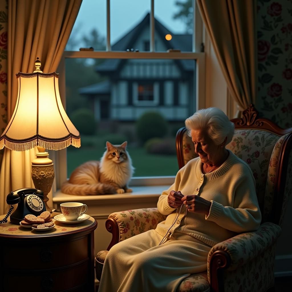 Unsettling Living Room Scene with Knitting Woman