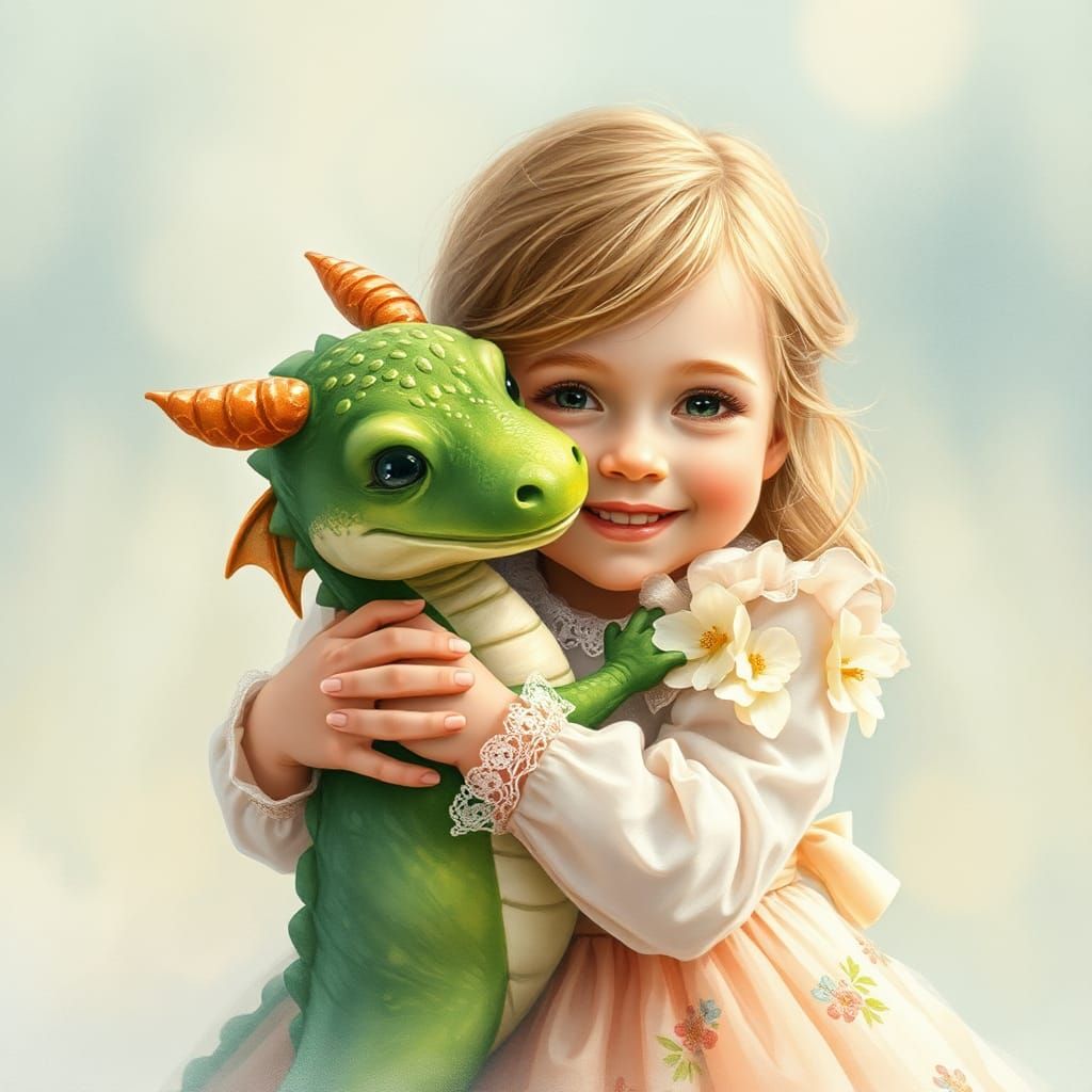 Girl and Dragon Portrait in Watercolor Style