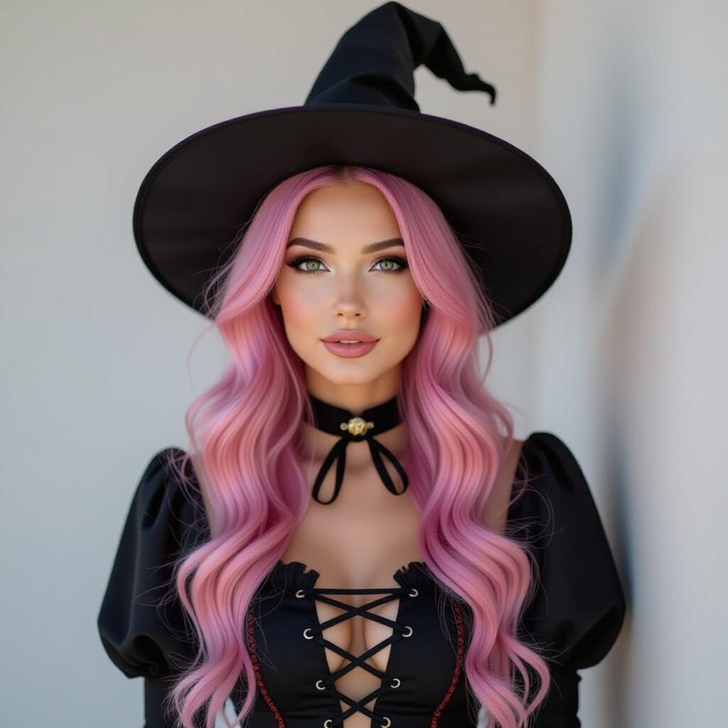 Pretty Pink Haired Woman in Witch Halloween Costume