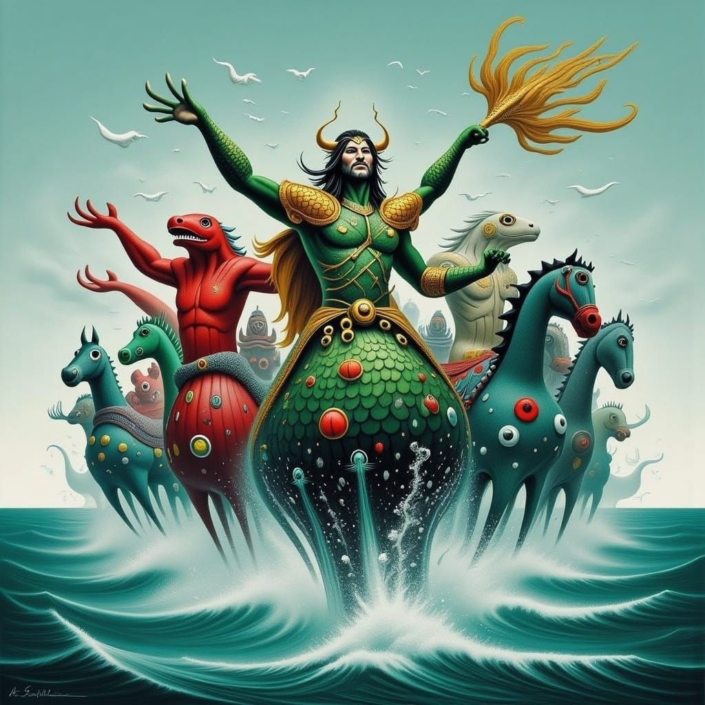 <lora:KRAKEN SEA:1.0> Portrait of Aquaman holding a trident, leading an army of sea foam war horses carrying warriors. V...