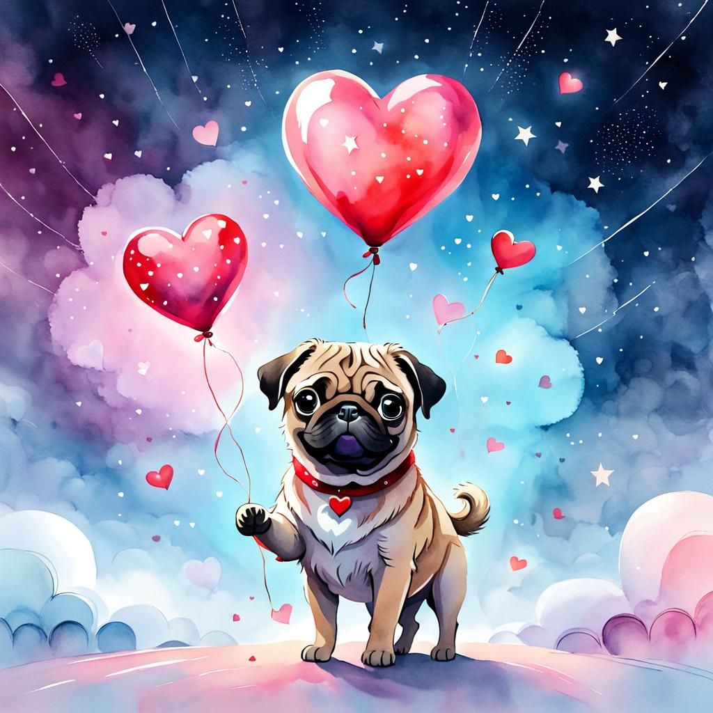Pug with Heart Balloon: Ink Wash Illustration