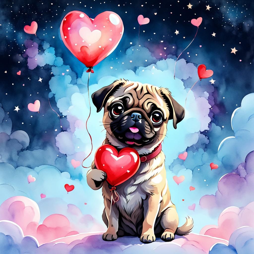 Pug with Heart Balloon in Watercolor Style
