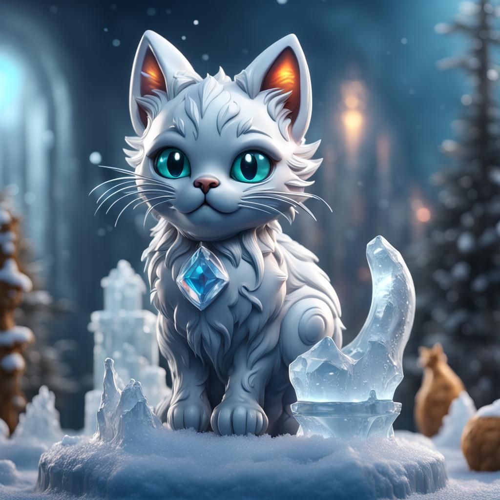 Cute Cat Ice Sculpture in Detailed Matte Painting