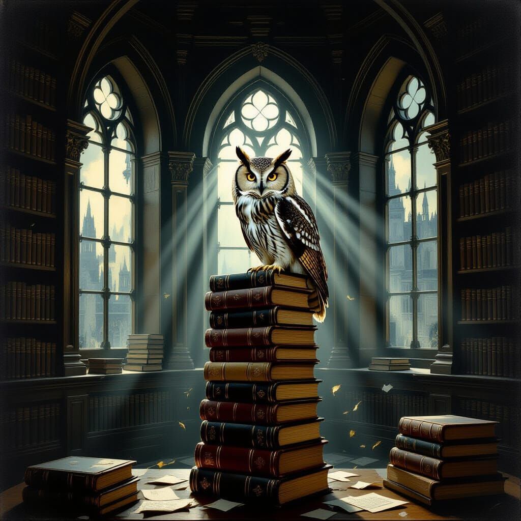 Ancient Owl on Books in Moonlit Library Oil Painting