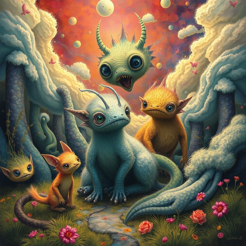 Whimsical Creatures in Vibrant Dreamlike Landscape