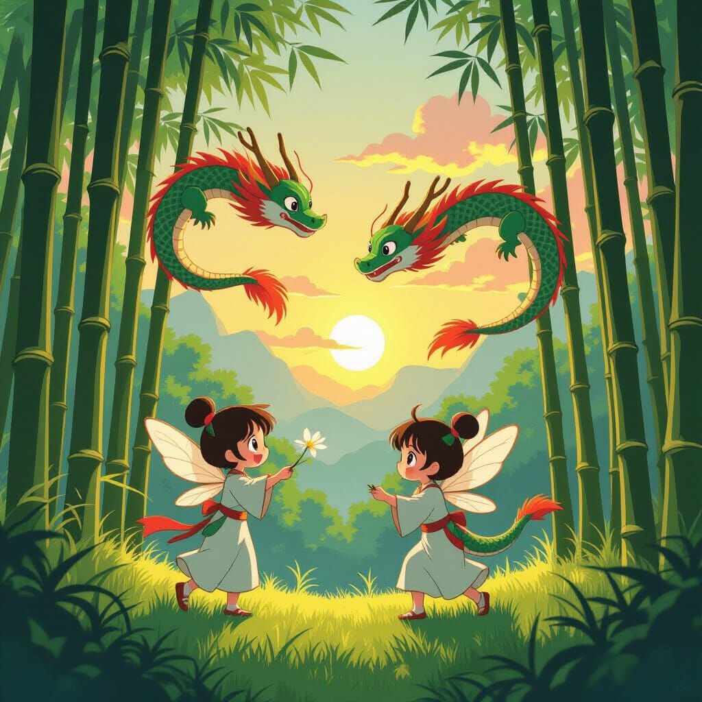 Playful Fairies and Dragons in Bamboo Forest at Sunset