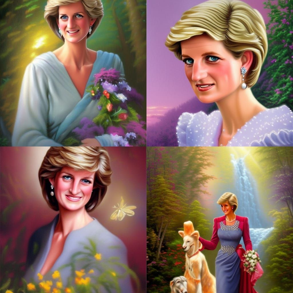 Make a cartoon character of Princess  Diana in a Thomas Kink...