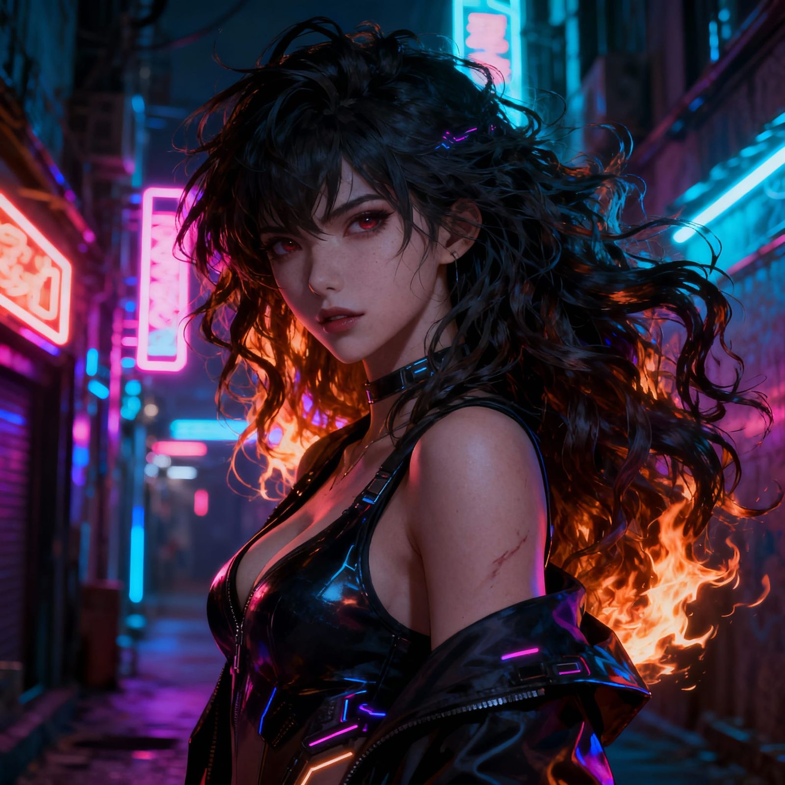 Cyberpunk Femme Fatale in Neon Alley - Anime Style