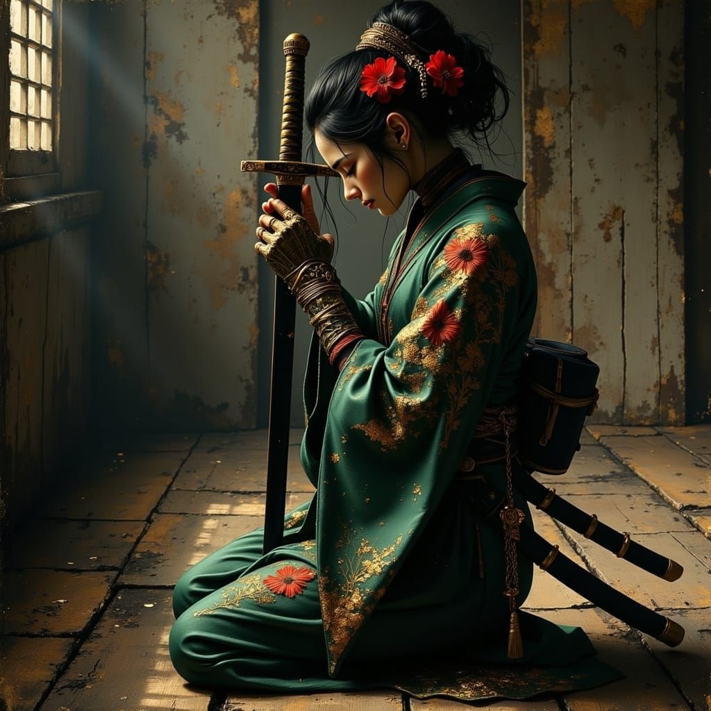Solemn Samurai in Elegant Green Kimono with Golden Accents