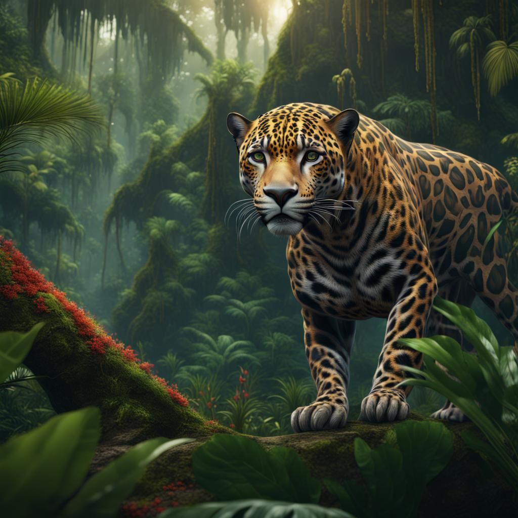 Jaguar in Rainforest: Detailed Matte Painting