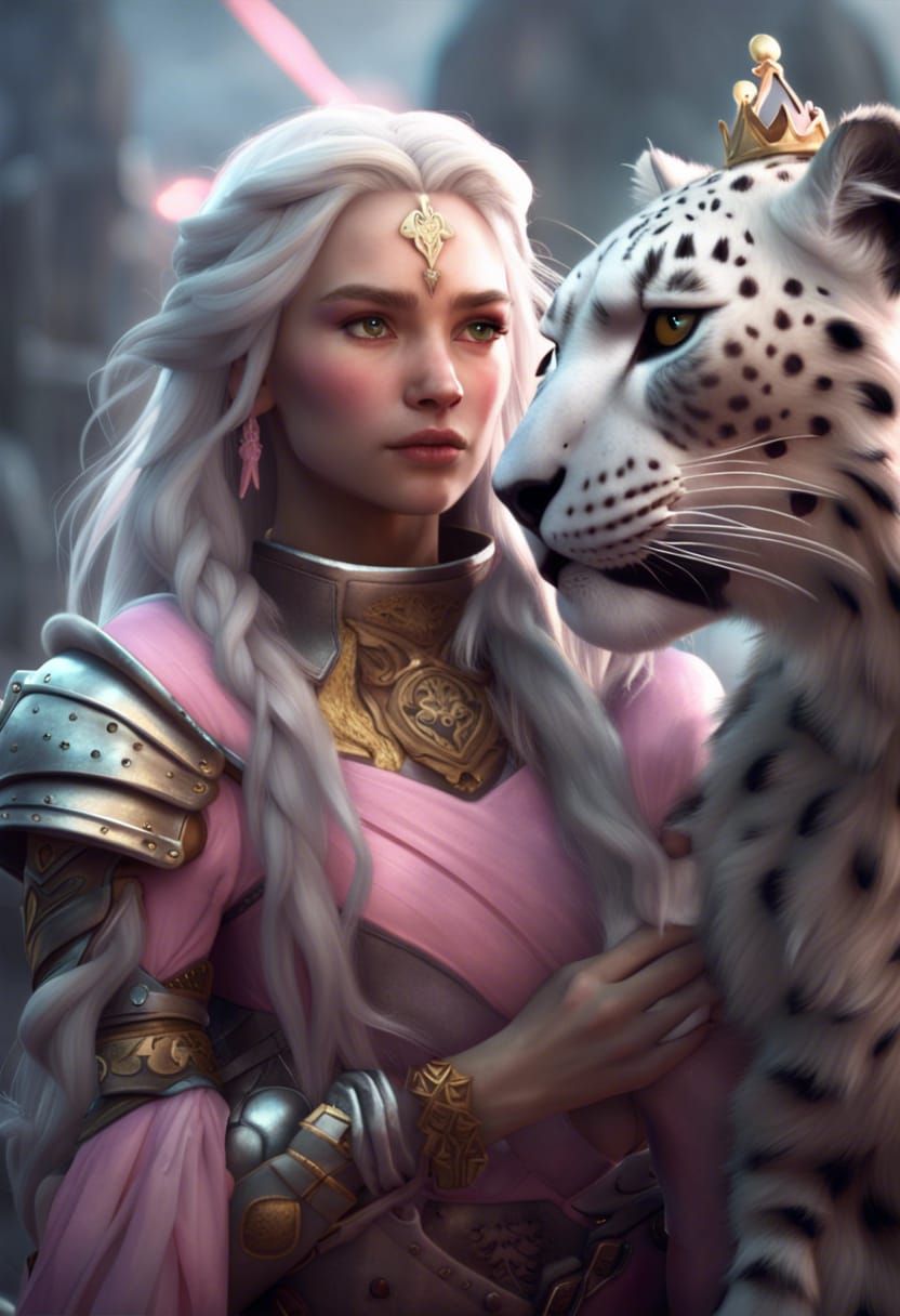 Warrior Girl with Armored Snow Leopard in Fantasy Scene