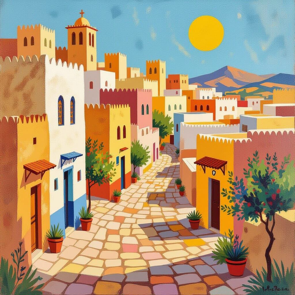 Colorful Tunisian Village with Expressive Art Style