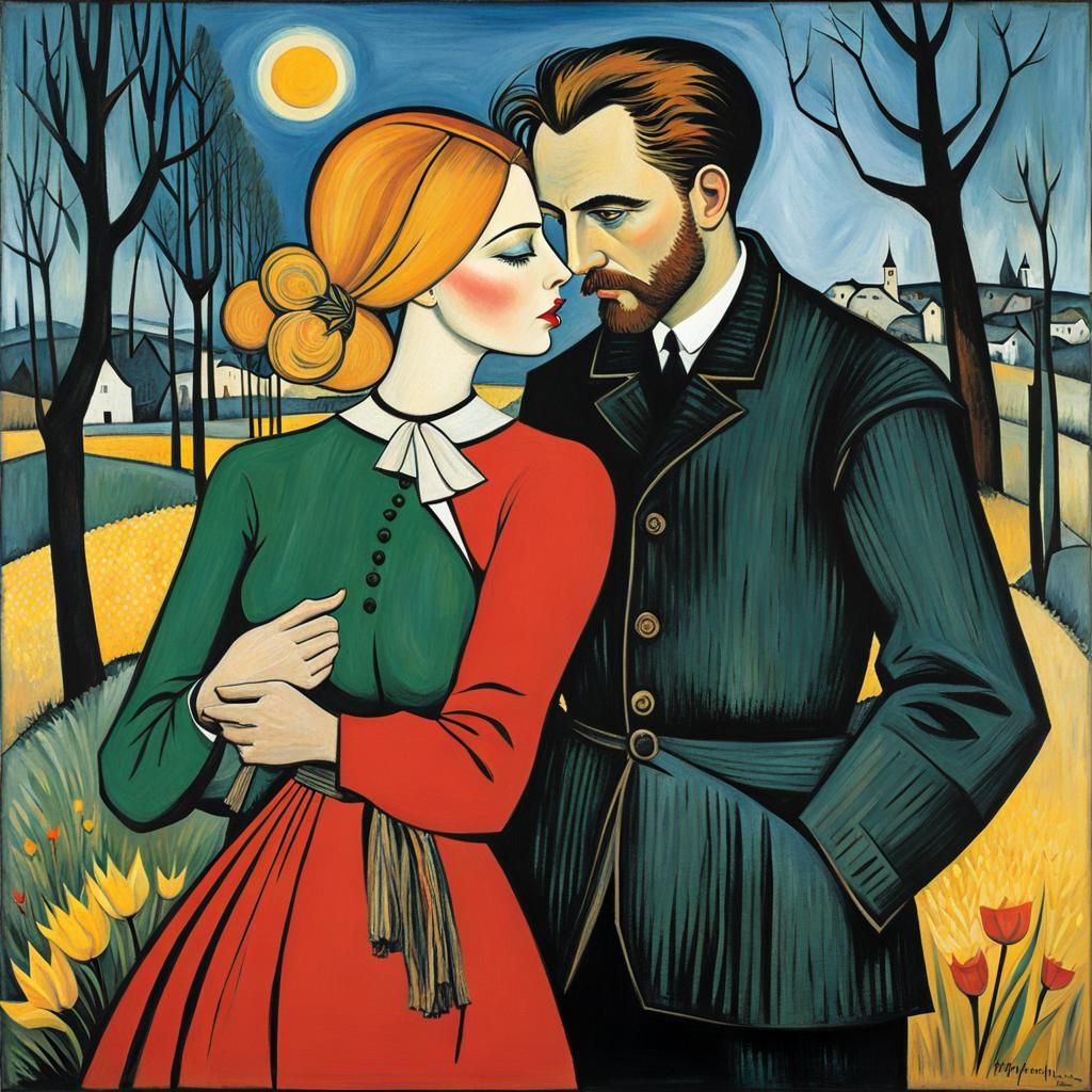 Loving Couple in Mixed Artistic Styles