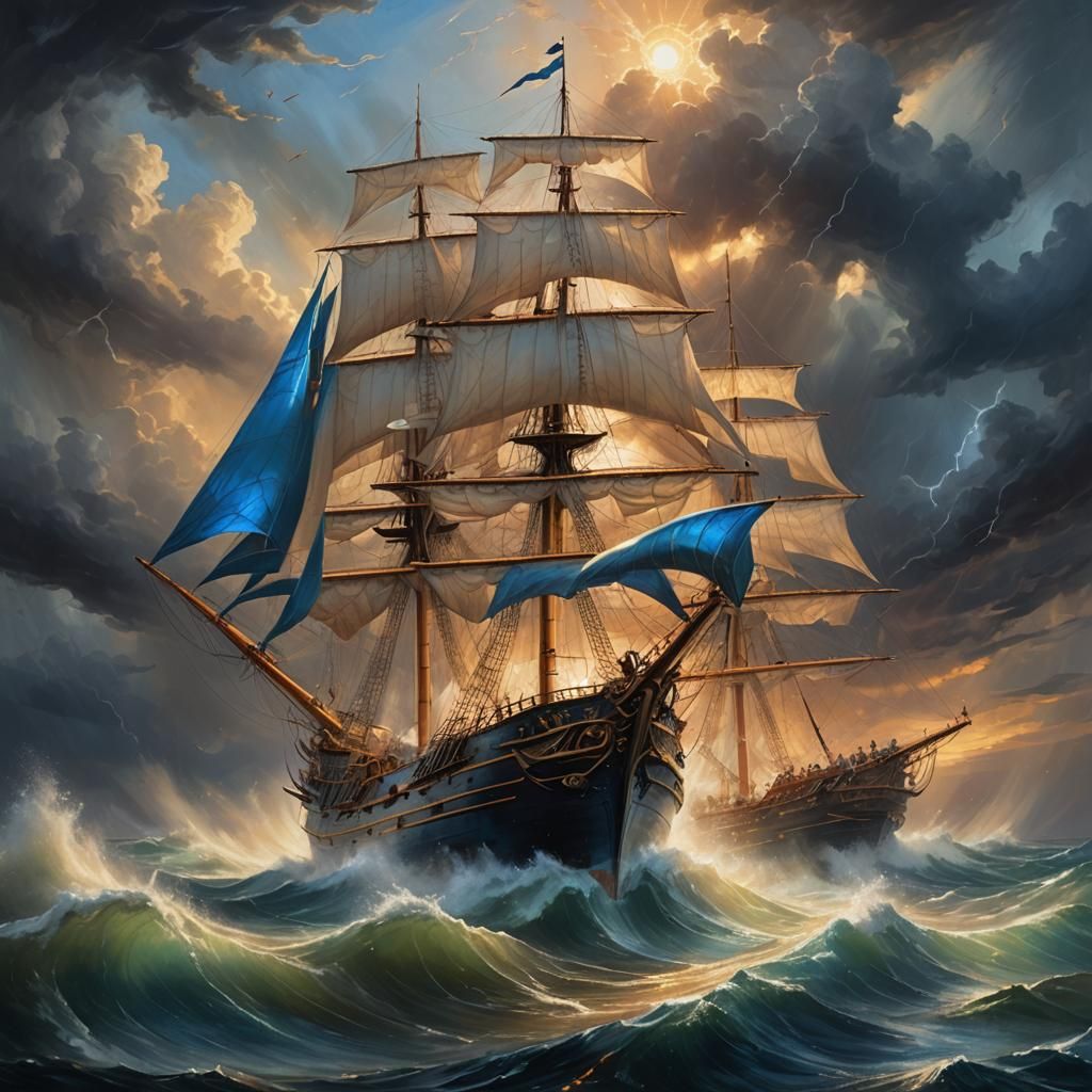 Futuristic Ship Navigates Stormy Seas in Oil Painting