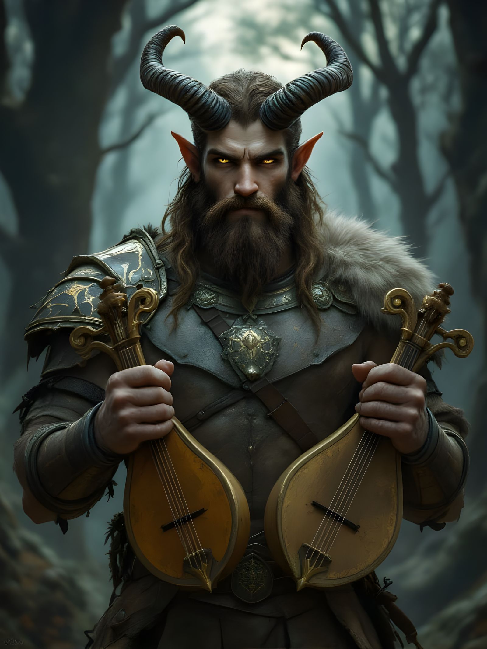 Loreus, the Satyr, holding two magical lutes