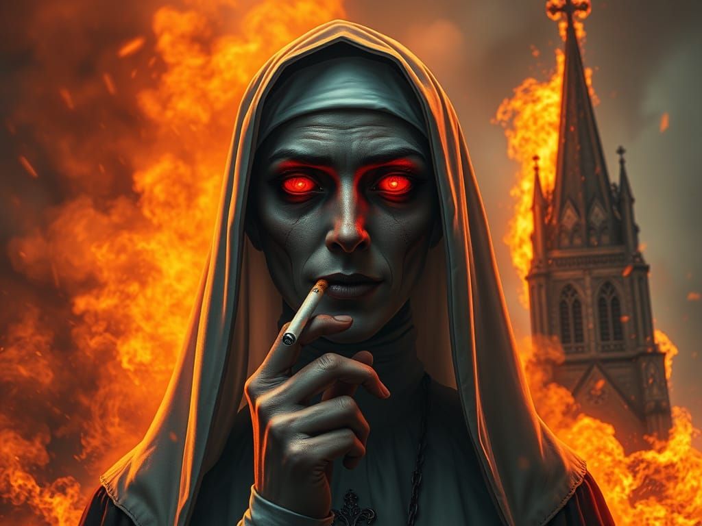 Fiery Nun: A Dave McKean-Style Dark Religion Portrait