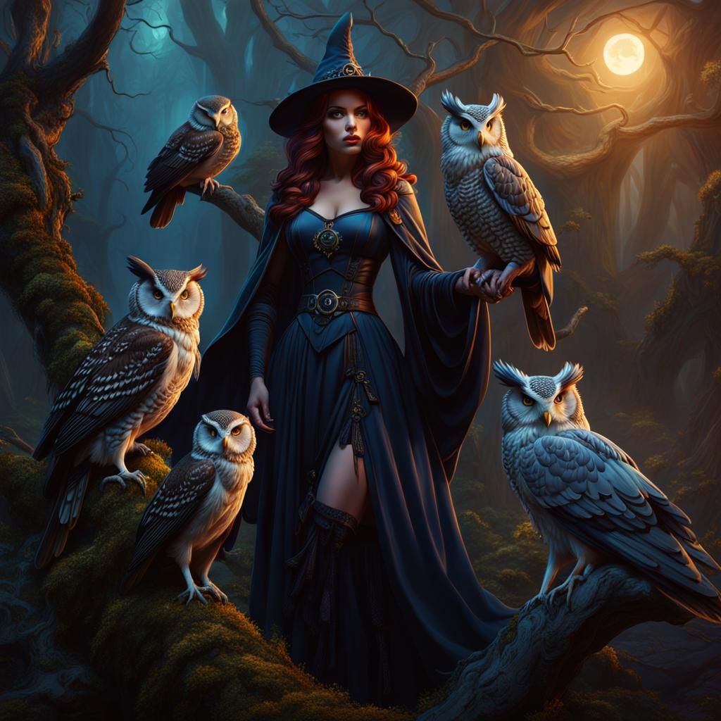 Fantasy Witches with Owls and Nightjars
