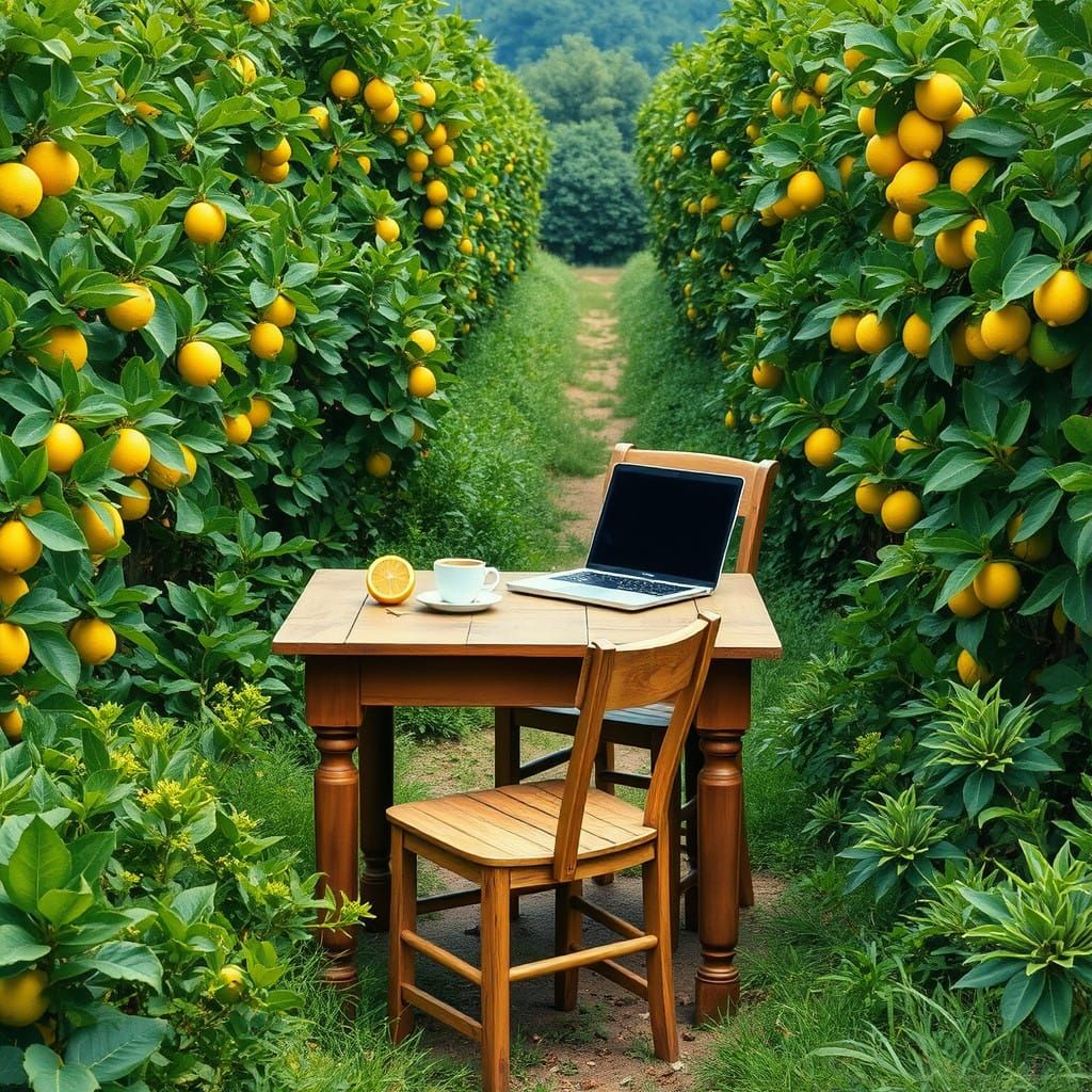 Serene Coffee Table Amidst Vibrant Lemon and Lime Farm