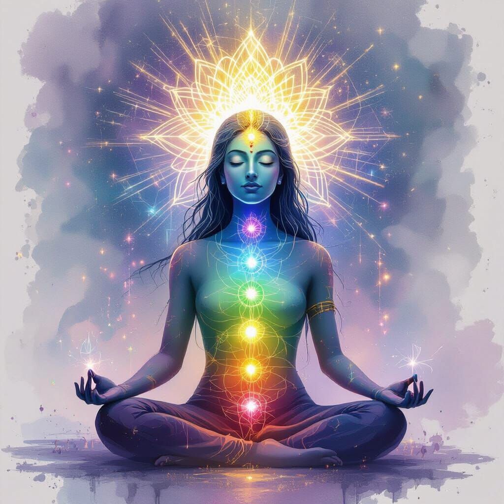 Meditating Figure Radiates Rainbow Chakra Energy and Sacred ...