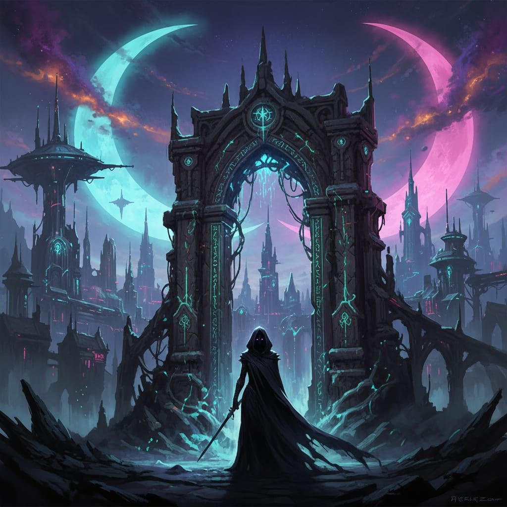 Sorceress Before Arcane Gateway in Gothic Future City