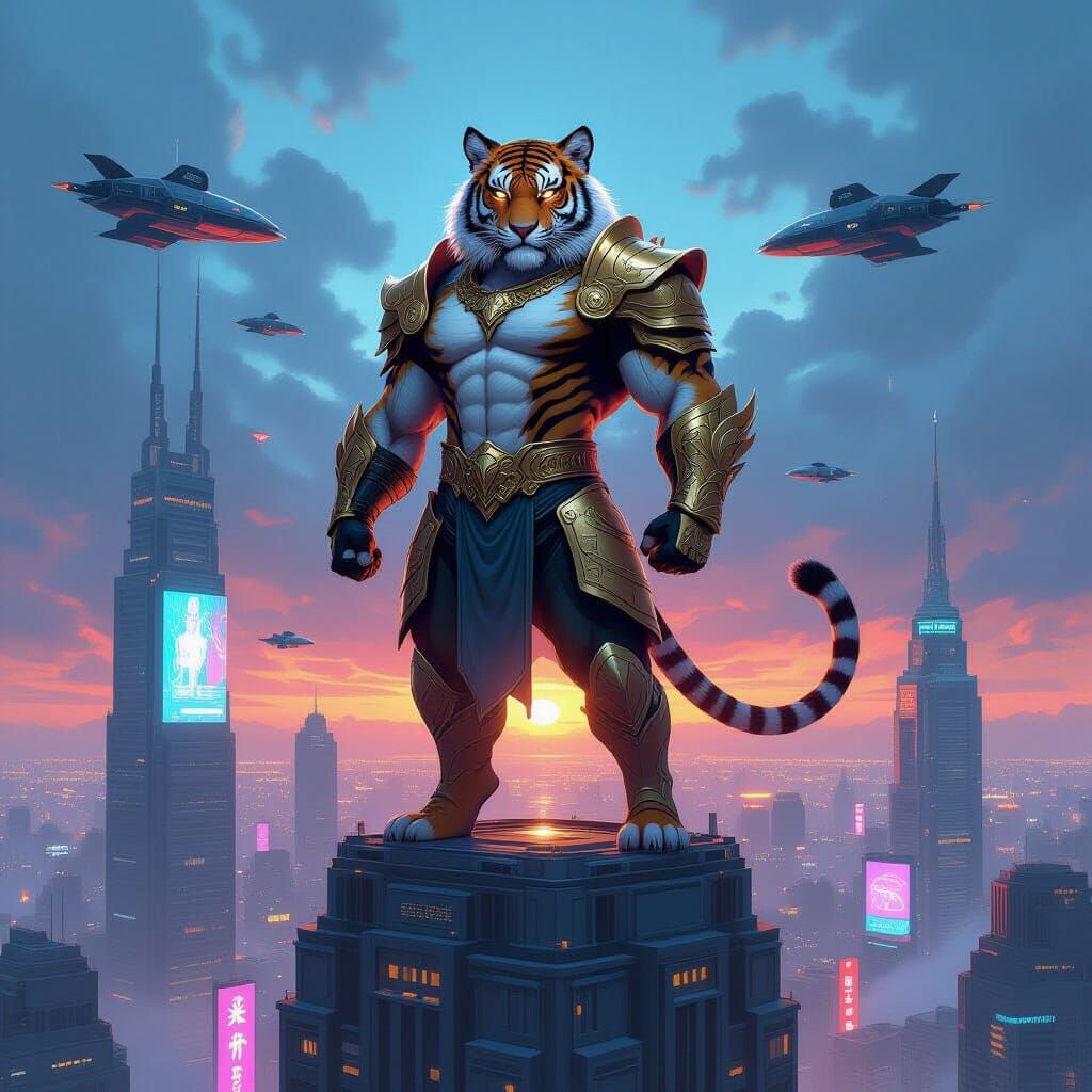 Armored Tiger on Futuristic Skyscraper in Digital Art Style