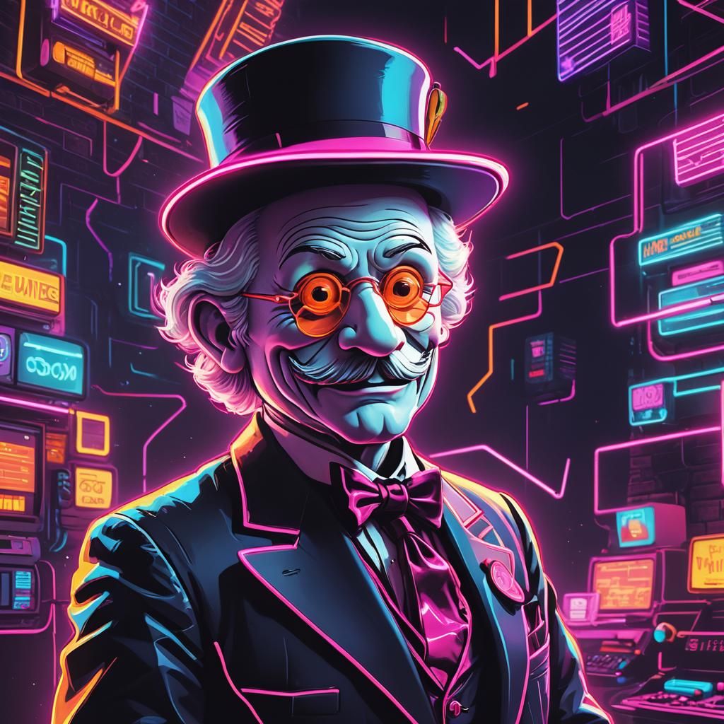Uncle Pennybags in Synthwave Neon Retro Style