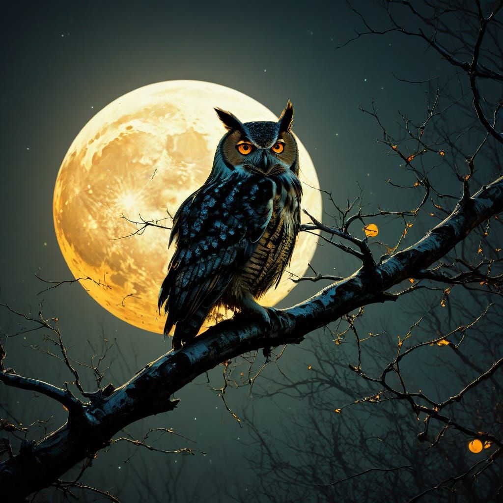 Owl Silhouette with Golden Moon in Retro Grunge Style