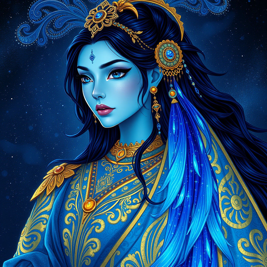 Majestic Blue-Skinned Goddess in Opulent Style