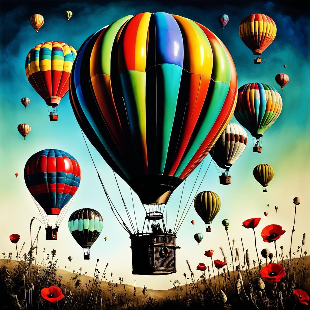 Steampunk  surreal child's drawing of hot air balloons ,  realistic syringe of  pain killer, Poppy Mind ,  pain killers ...