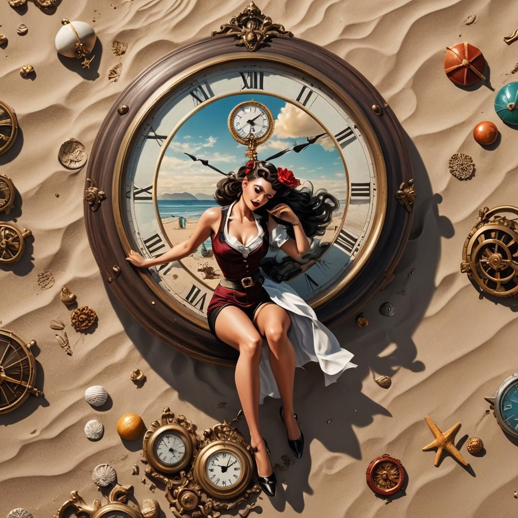 Pin-Up Girl with Antique Clock on Sunny Beach