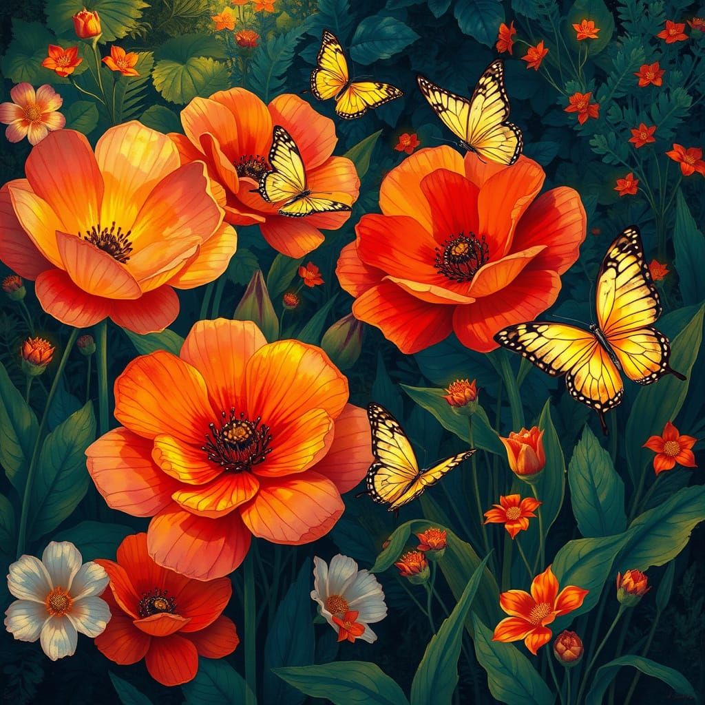 Geometric Flowers and Butterflies in Klimt Style