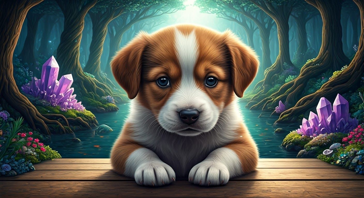 Hyperrealistic Puppy Portrait in Mystical Forest