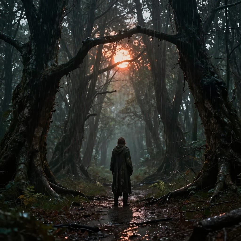 Mystical Forest Figure in Dying Sunlight Dark Fantasy Art