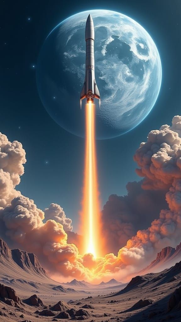 Rocket Launches from Moon in Futuristic Sci-Fi Art
