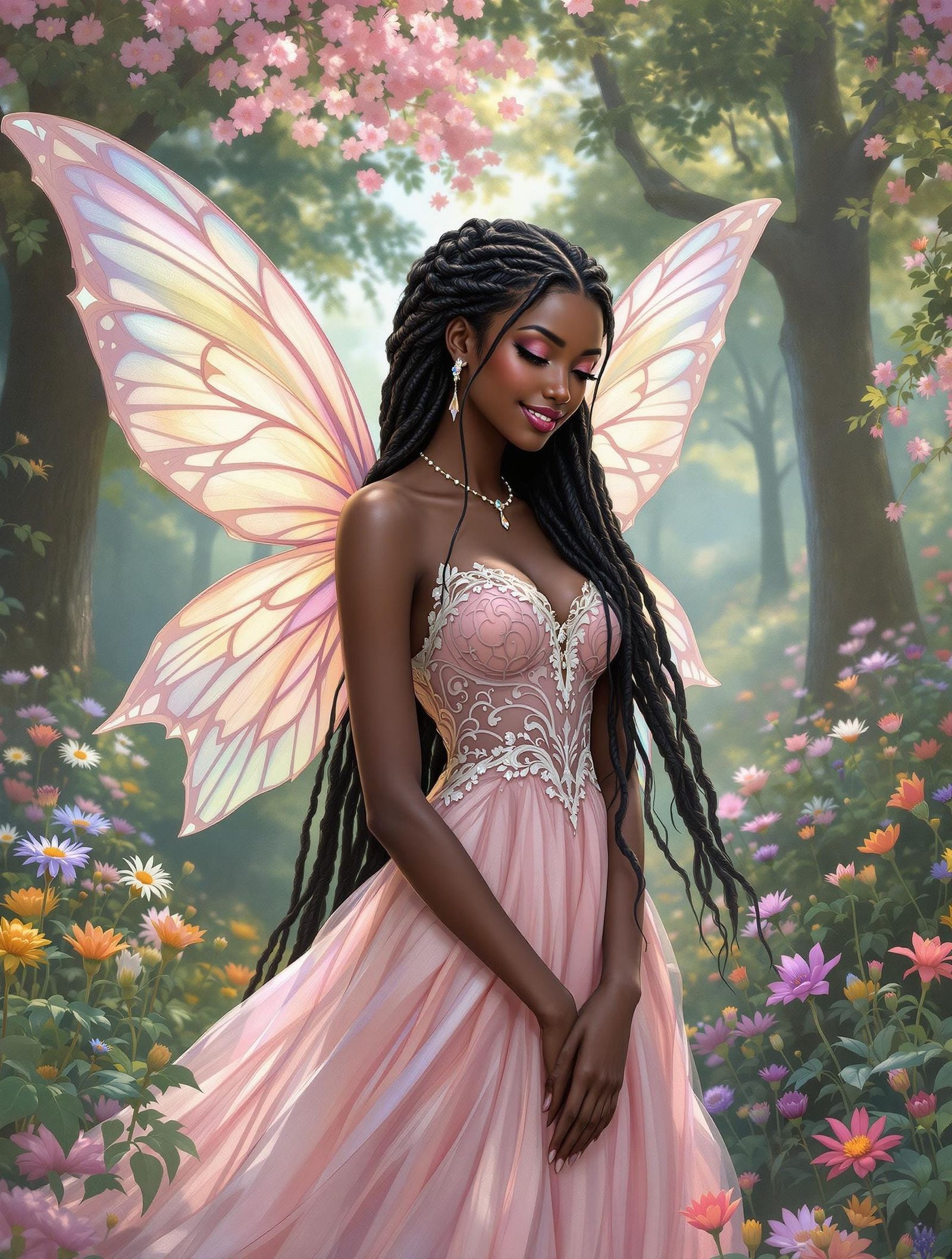Ebony Fairy in Lush Garden, Whimsical Portrait