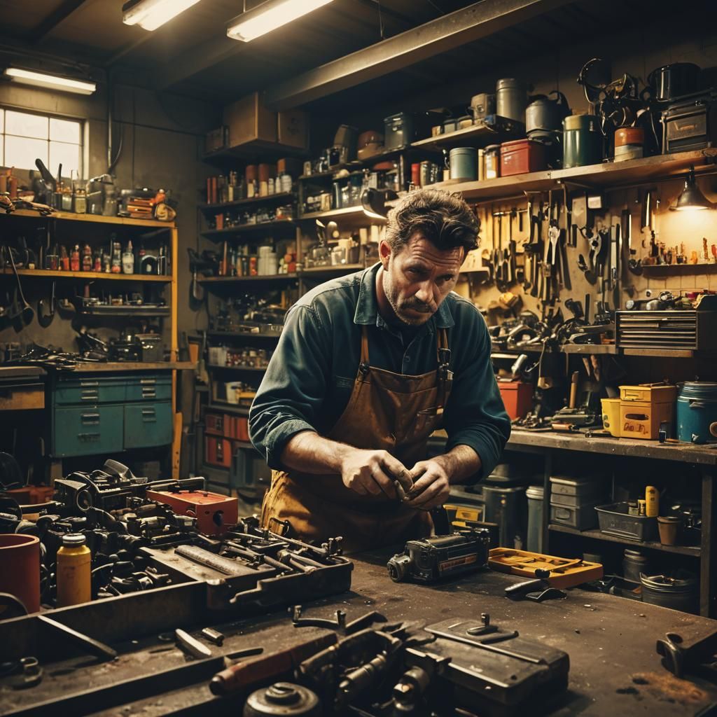 Car Mechanic's Lunch Break in Dimly Lit Workshop
