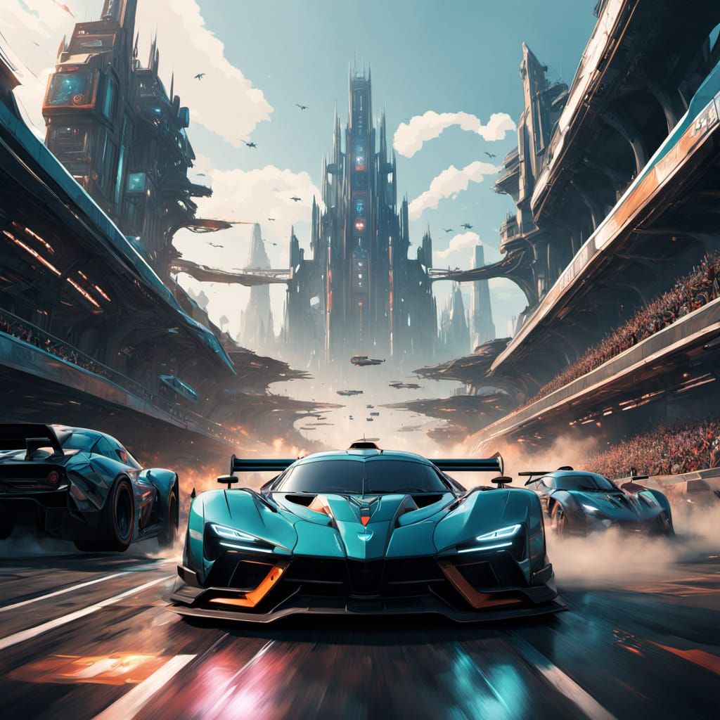 Vibrant Drag Racing Scene in Art Nouveau-Inspired Style