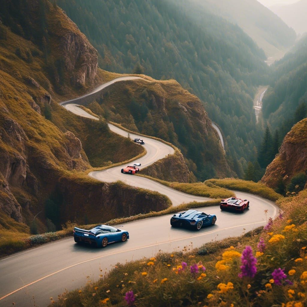 Sports Cars Racing on Mountain Path in Floral Style