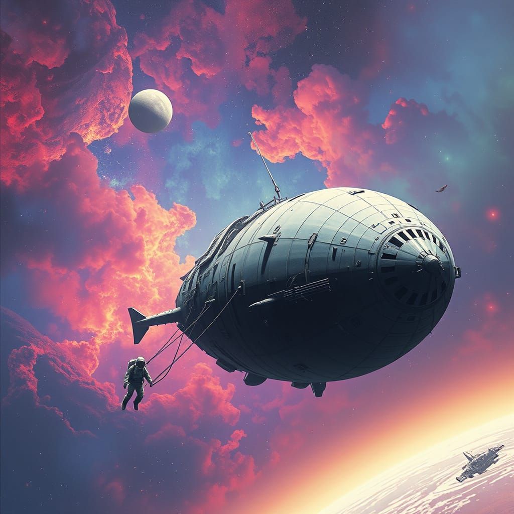 Astronaut Adrift Near Colossal Alien Ship in Vibrant Nebula