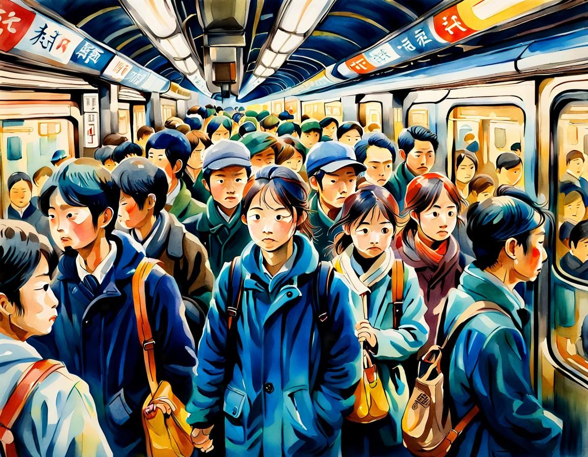 Tokyo Subway Morning Rush in Watercolor Style