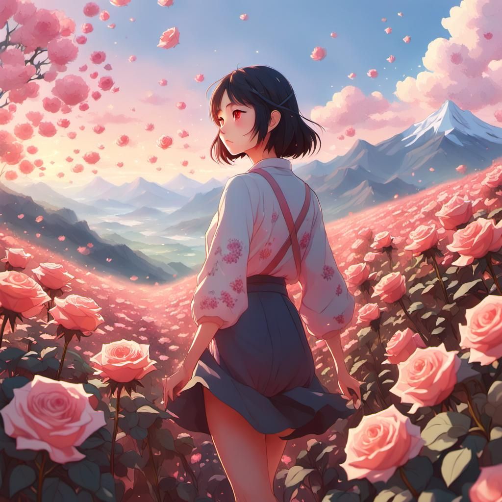 Anime Girl in Rose Field, Mountain Landscape