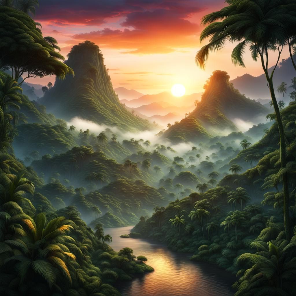 Lush Jungle Sunset: Photorealistic 8k Landscape